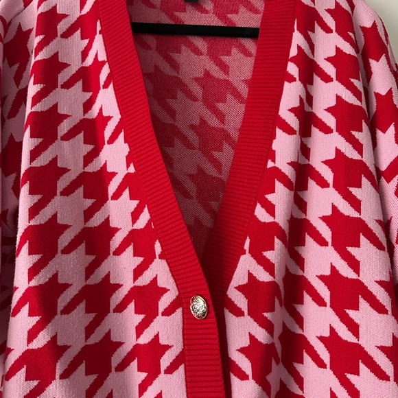 River island red and pink Chic Houndstooth Cardigan gold buttons US 14-16 - Picture 10 of 10